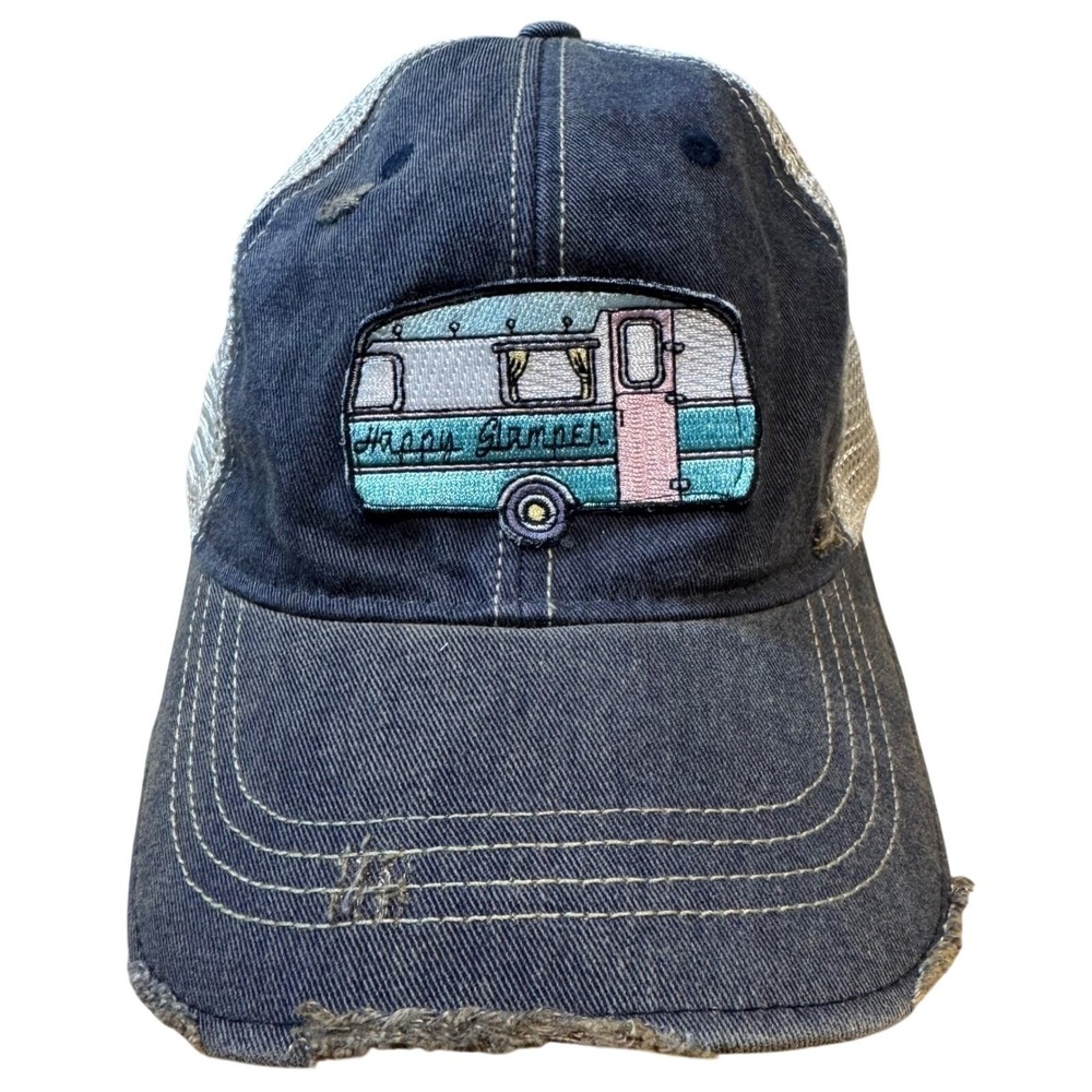 Judith March Happy Glamper Trucker Hat Navy Distressed Denim Mesh Snapback Cap